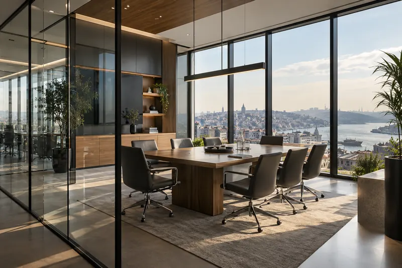 Şehir manzaralı modern ofis toplantı odası
