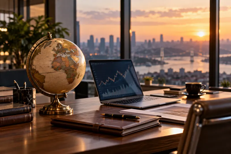 Ofis masasında dünya küresi ve finansal grafikler